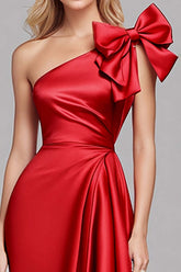 Mermaid Long Red Wedding Guest Dress One Shoulder Satin Formal Dress With Bow